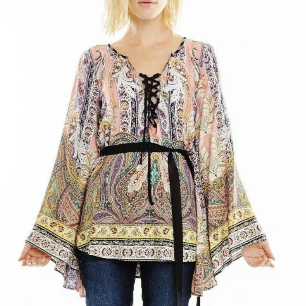Aratta Embroidered Paisley Power Lace-Up Bell Sleeve Blouse
